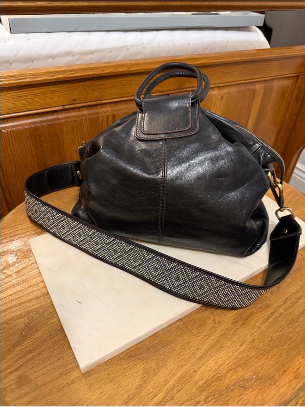 Hobo Large Sheila Black Leather Shoulder Bag with Decorative Strap